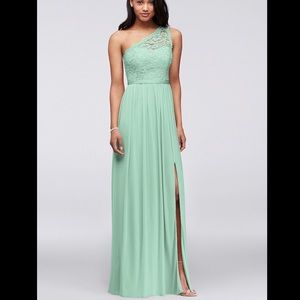 David’s Bridal Mint Long One Shoulder Lace Dress